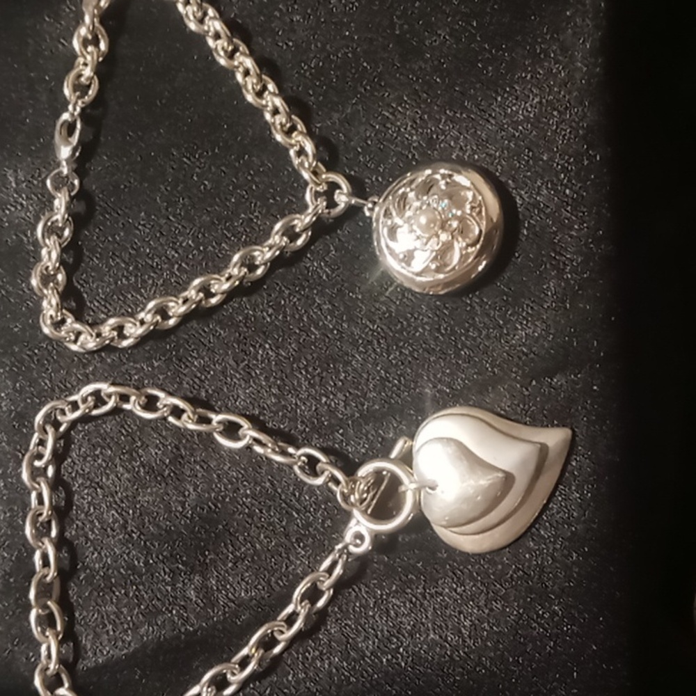 Layered hearts & locket charm bracelets 2 silver tone toggle clasp & lobster .
